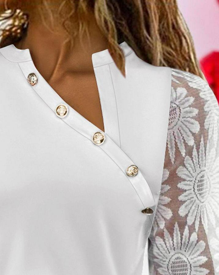 Uzun Kollu Yakası Asimetrik Detaylı Düğmeli Viskon Iki Iplik Bluz