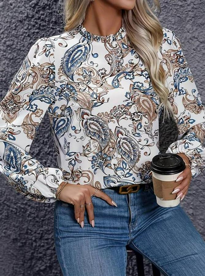 Uzun Kollu Yarı Balıkçı Yaka Desenli Süprem Bluz