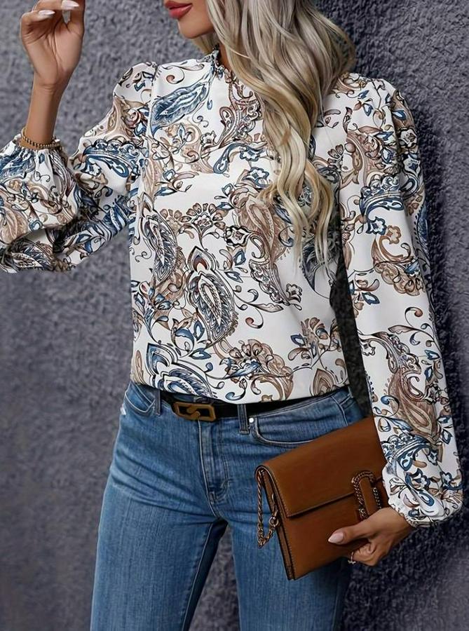 Uzun Kollu Yarı Balıkçı Yaka Desenli Süprem Bluz