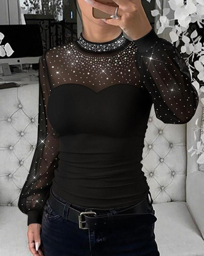 Uzun Kollu Yarı Balıkçı Yaka Taşlı Sandy Bluz