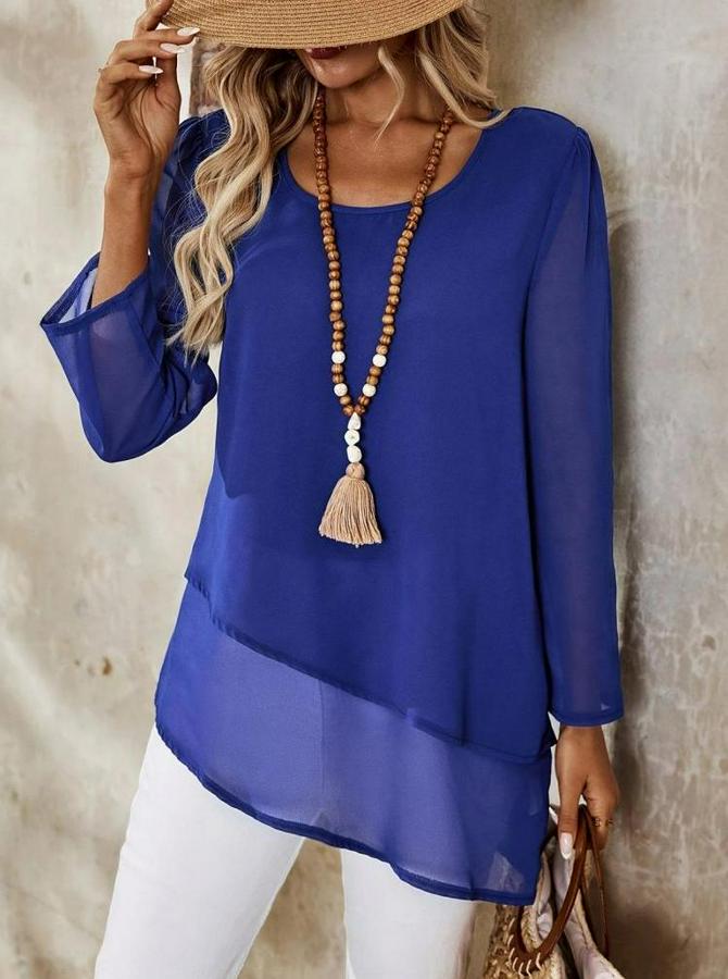 Uzun Kollu Yuvarlak Asimetrik Detaylı Şifon Bluz