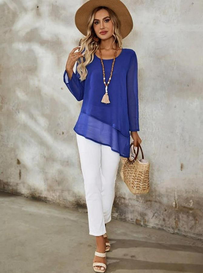 Uzun Kollu Yuvarlak Asimetrik Detaylı Şifon Bluz