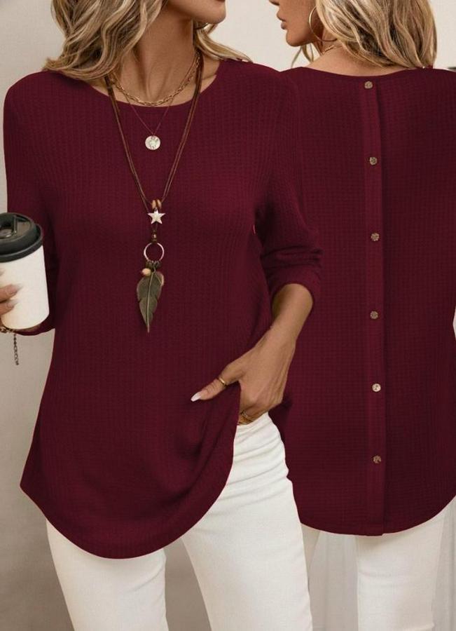 Uzun Kollu Yuvarlak Yaka Arkadan Düğmeli Waffle Bluz