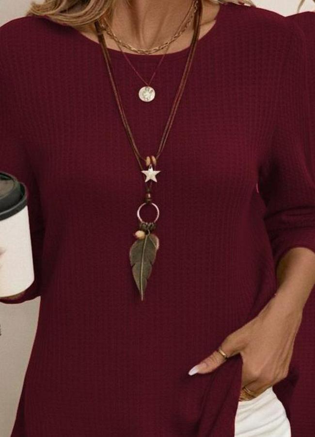 Uzun Kollu Yuvarlak Yaka Arkadan Düğmeli Waffle Bluz