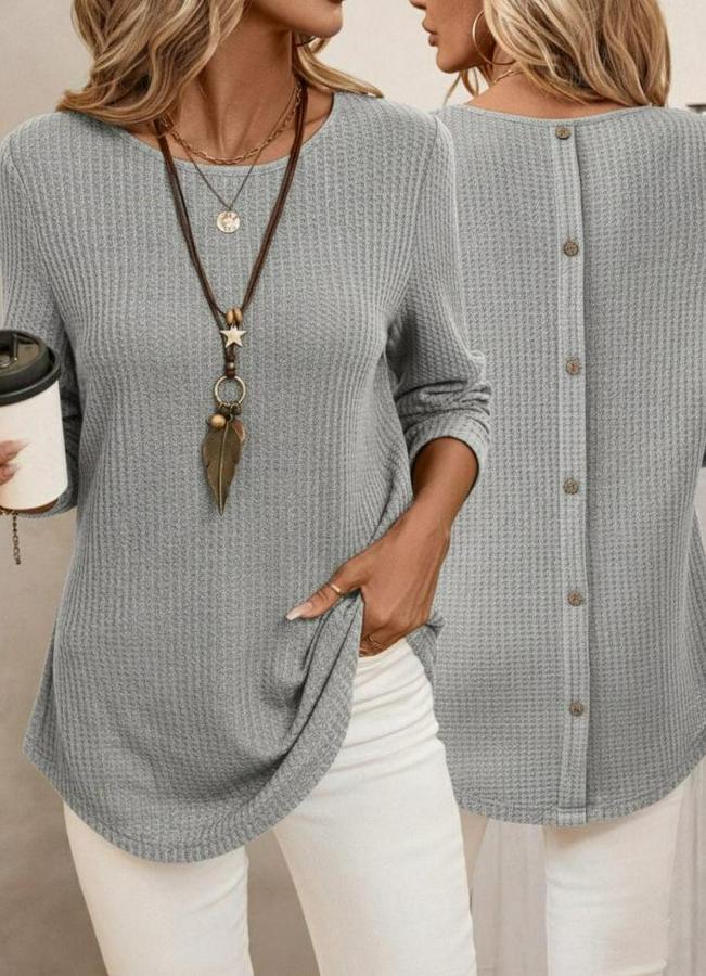 Uzun Kollu Yuvarlak Yaka Arkadan Düğmeli Waffle Bluz