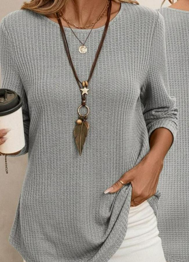 Uzun Kollu Yuvarlak Yaka Arkadan Düğmeli Waffle Bluz