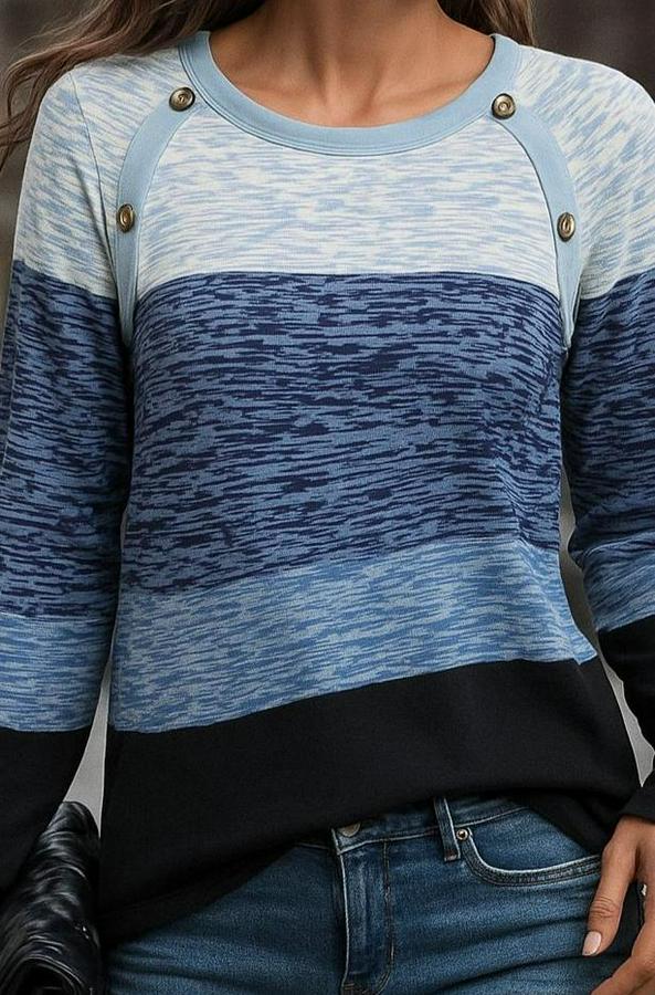 Uzun Kollu Yuvarlak Yaka Baskılı Düğme Detay Süprem Bluz