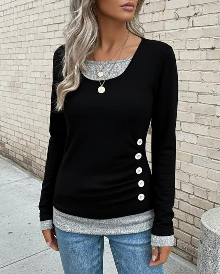 Uzun Kollu Yuvarlak Yaka Blok Renkli Yandan Düğmeli Viskon Bluz