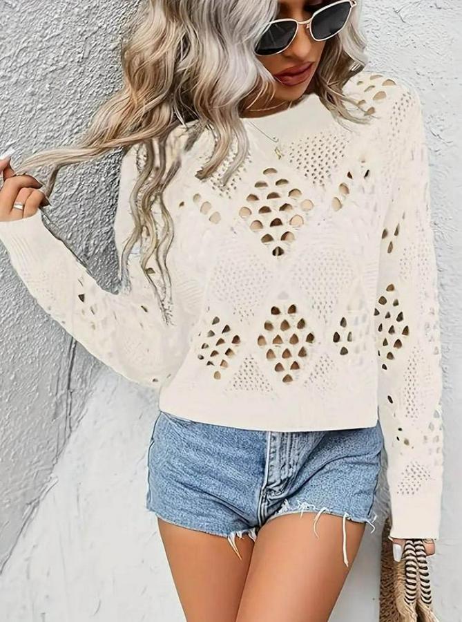 Uzun Kollu Yuvarlak Yaka Delik Desenli Triko Bluz