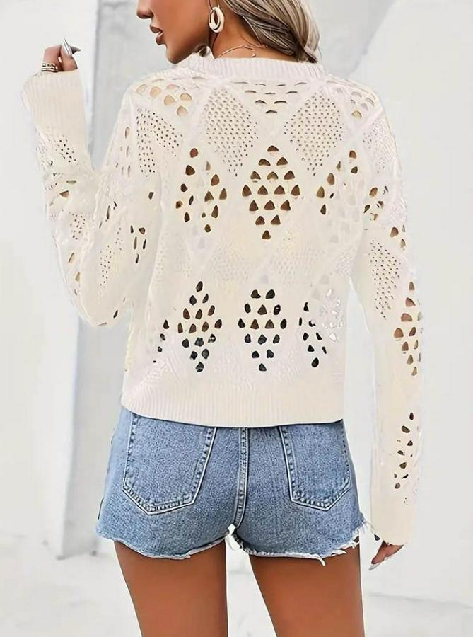 Uzun Kollu Yuvarlak Yaka Delik Desenli Triko Bluz