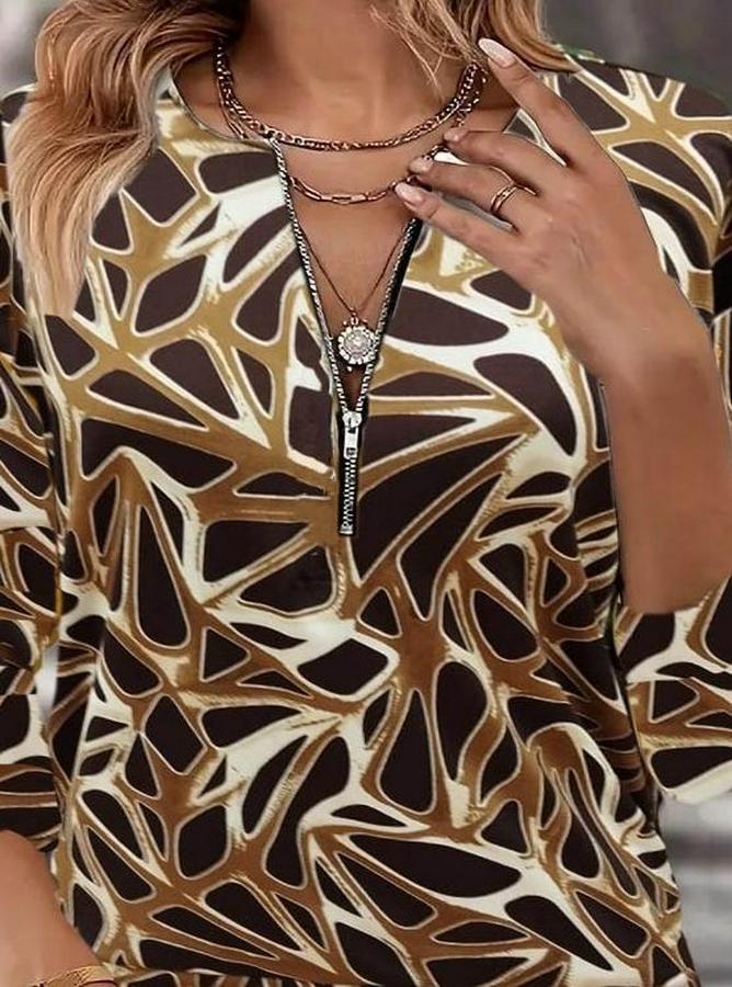 Uzun Kollu Yuvarlak Yaka Fermuarlı Desenli Şardonlu Bluz