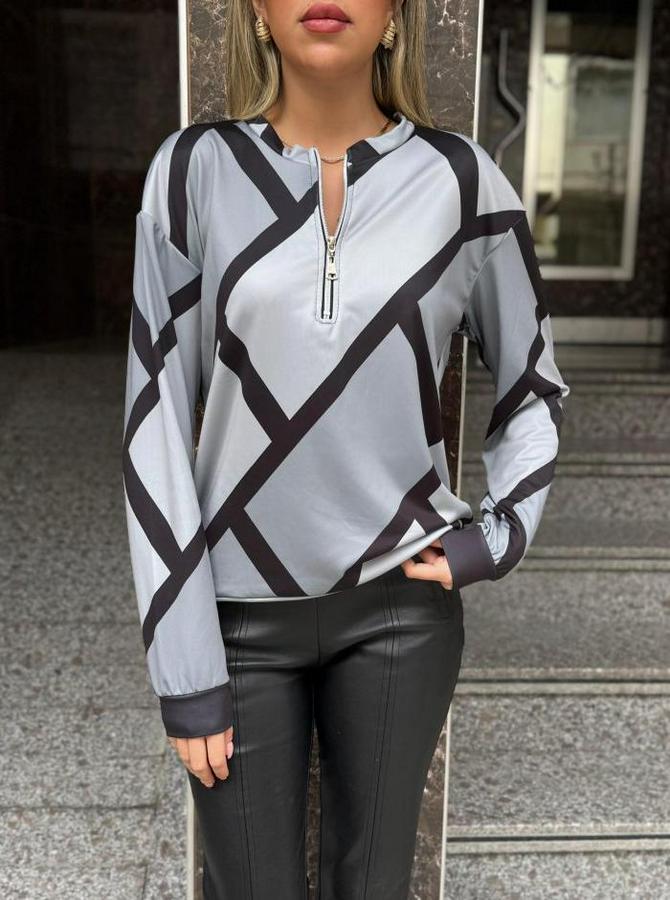 Uzun Kollu Yuvarlak Yaka Fermuarlı Desenli Şardonlu Bluz