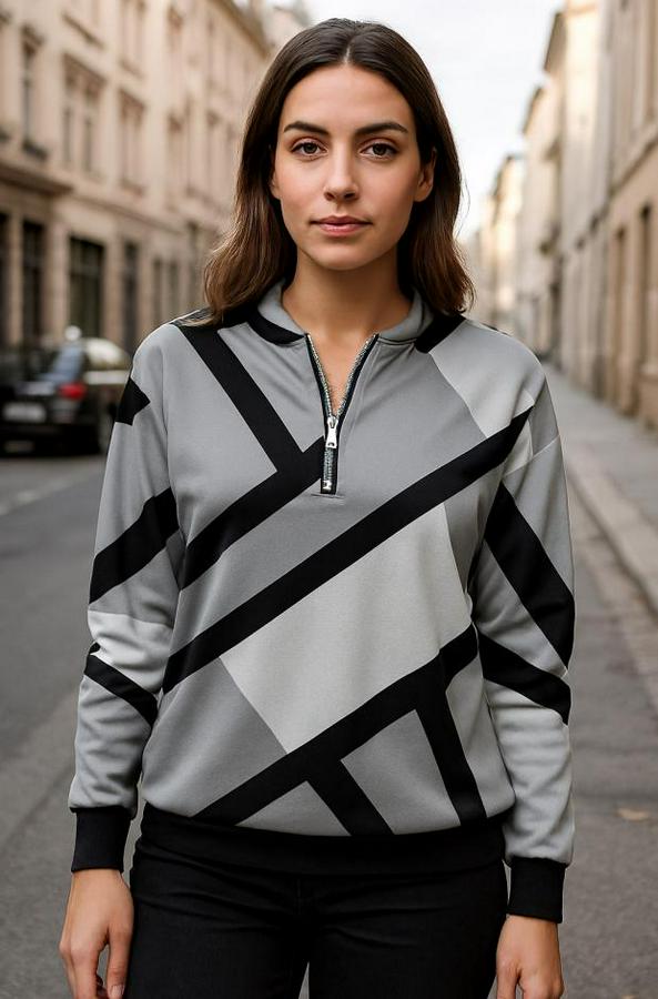 Uzun Kollu Yuvarlak Yaka Fermuarlı Desenli Şardonlu Bluz