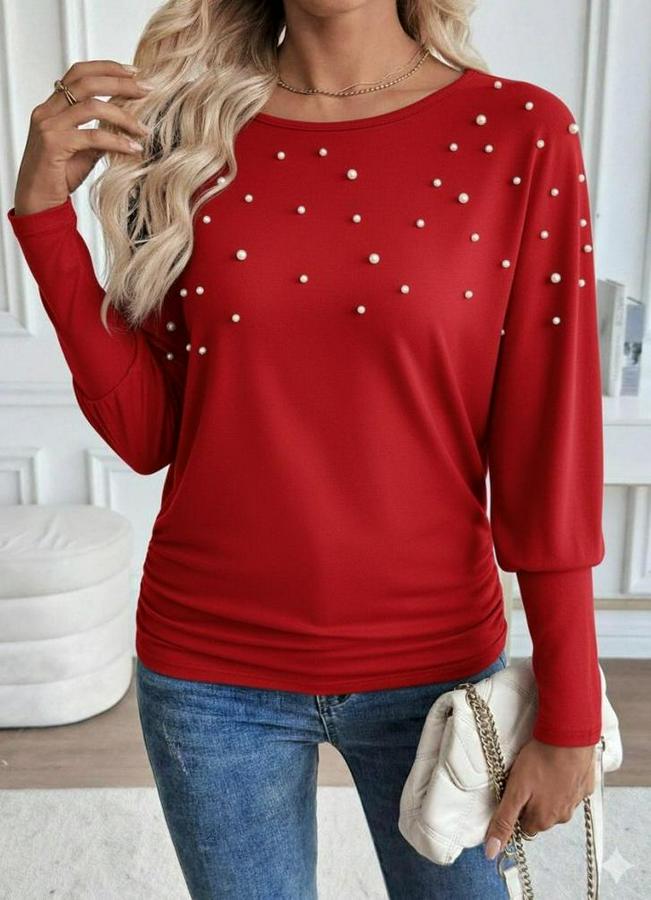 Uzun Kollu Yuvarlak Yaka Incili Viskon Bluz