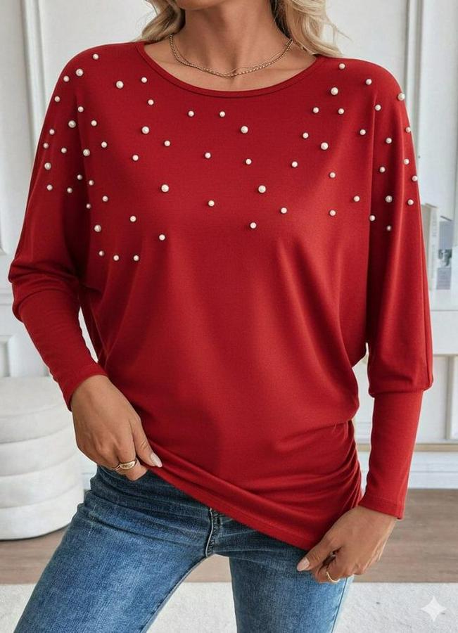 Uzun Kollu Yuvarlak Yaka Incili Viskon Bluz