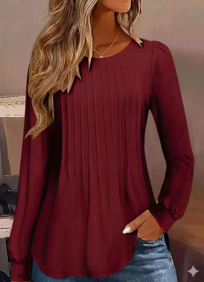 Uzun Kollu Yuvarlak Yaka Nervürlü Bluz