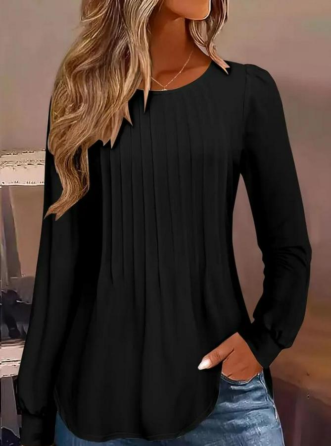 Uzun Kollu Yuvarlak Yaka Nervürlü Bluz