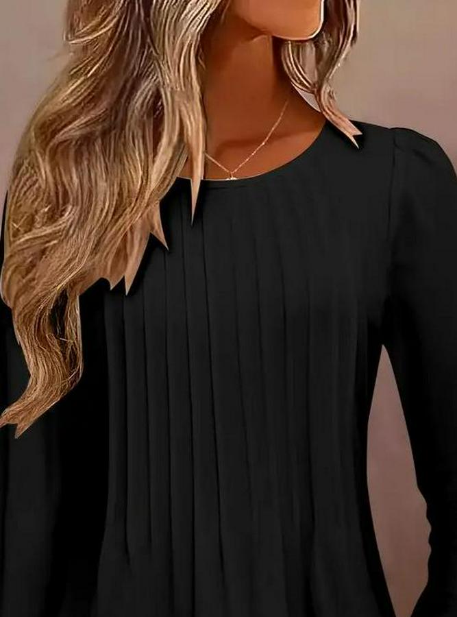 Uzun Kollu Yuvarlak Yaka Nervürlü Bluz