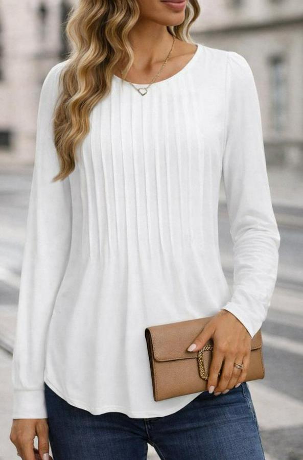 Uzun Kollu Yuvarlak Yaka Nervürlü Bluz