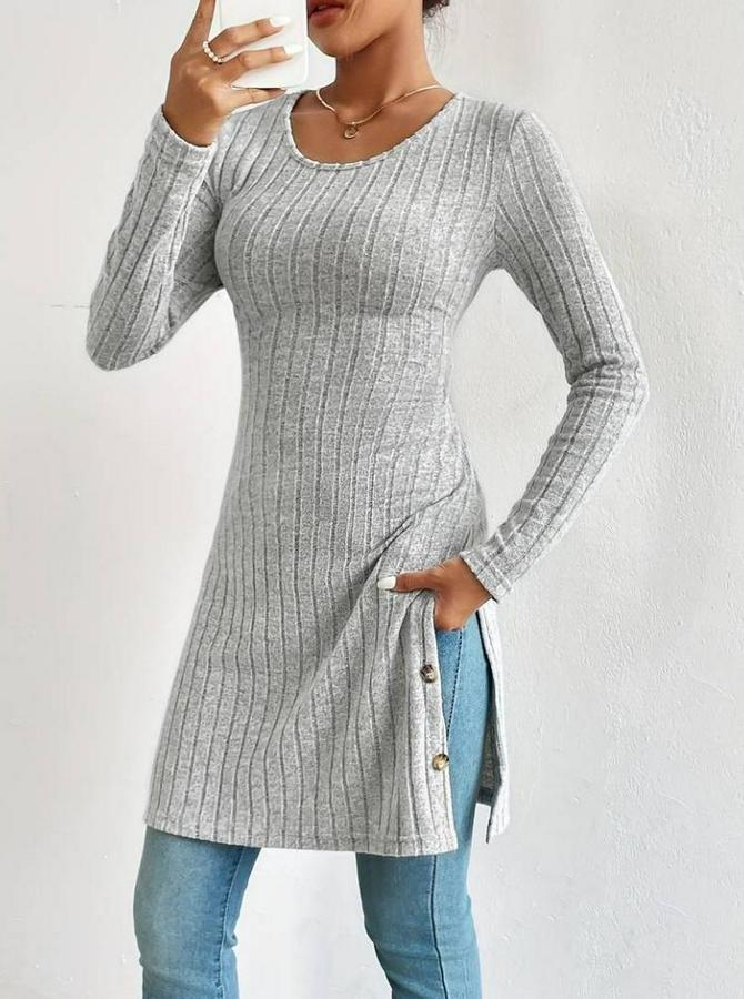 Uzun Kollu Yuvarlak Yaka Yandan Yırtmaçlı Düğmeli Şardonlu Kaşkorse Bluz