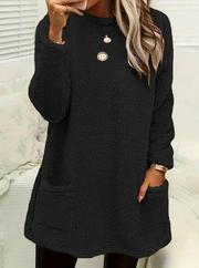 Uzun Kollu Yuvarlak Yakalı Cepli Peluş Bluz