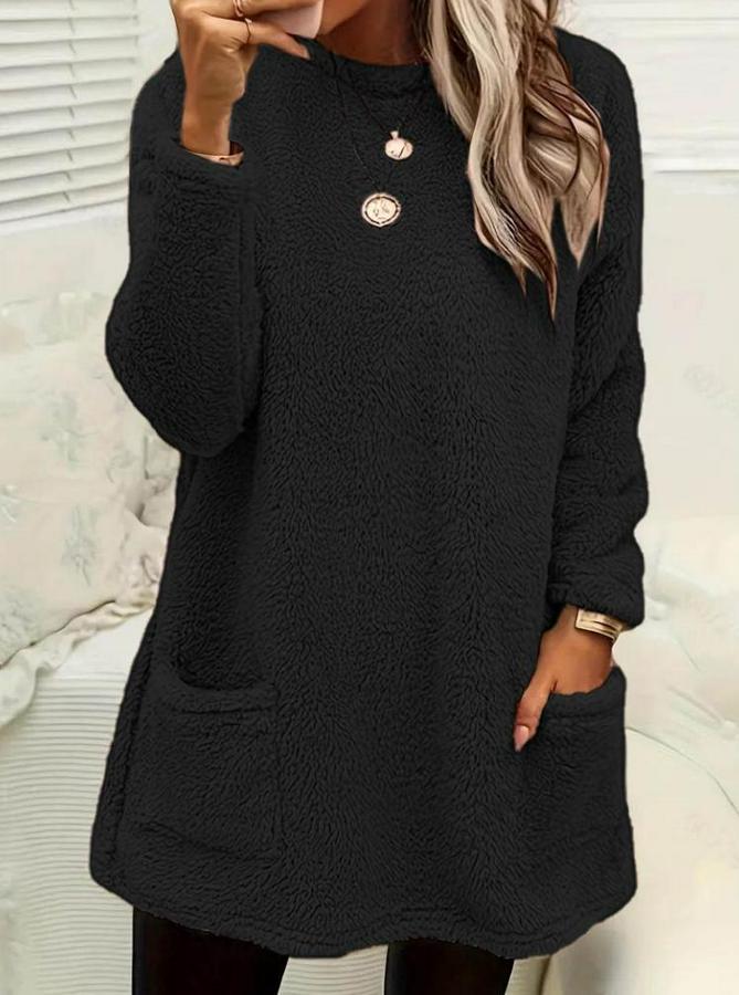 Uzun Kollu Yuvarlak Yakalı Cepli Peluş Bluz