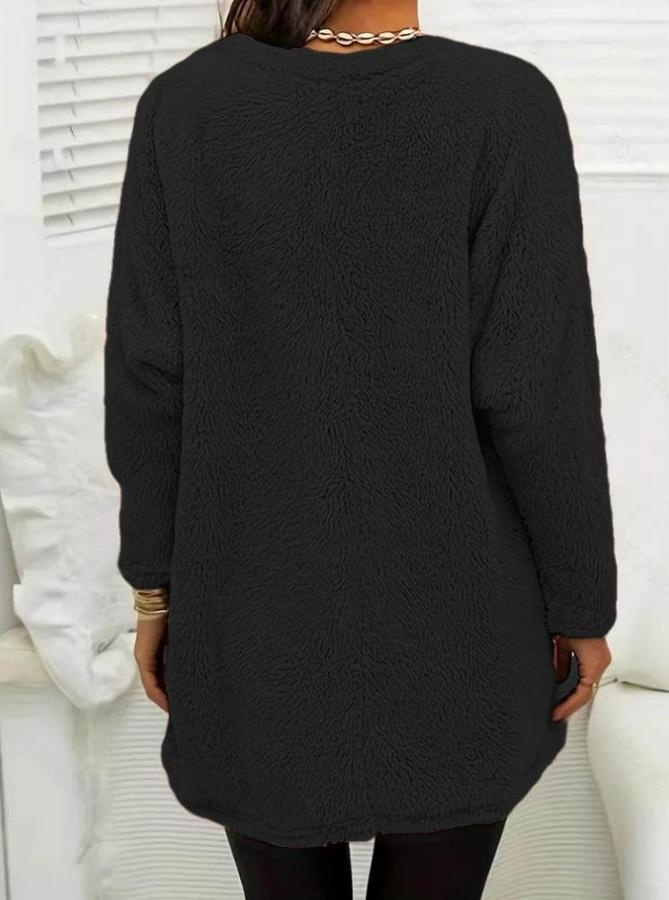 Uzun Kollu Yuvarlak Yakalı Cepli Peluş Bluz