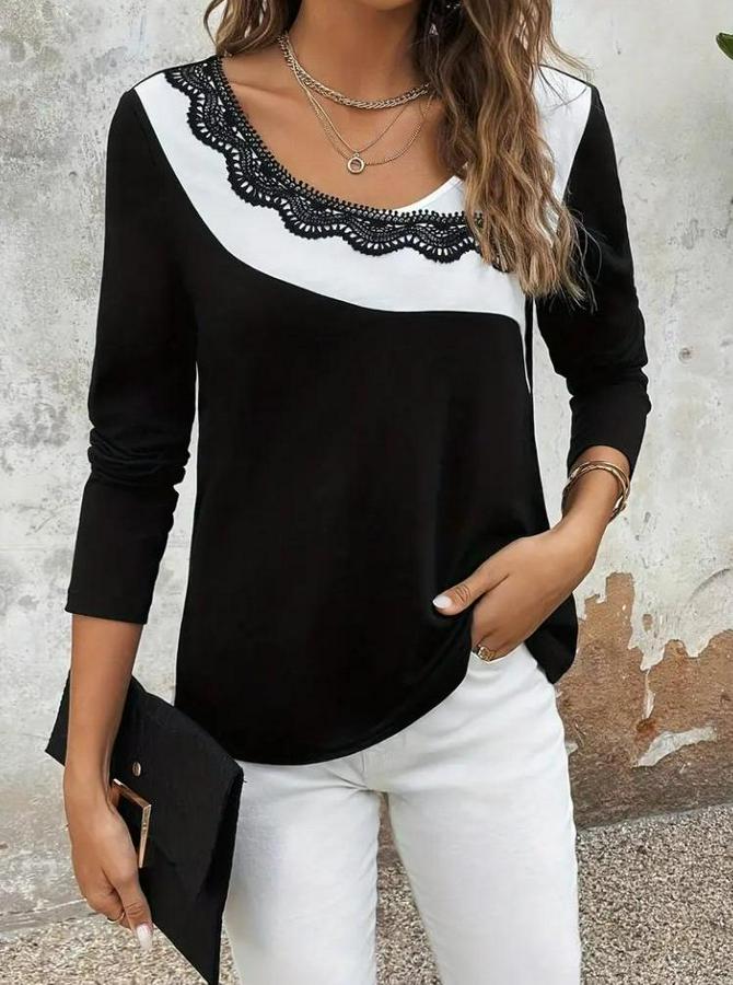 Uzun Kollu Yuvarlak Yakalı Çift Renkli Dantel Detaylı Viskon Bluz