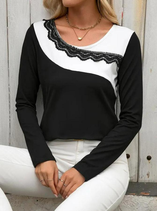 Uzun Kollu Yuvarlak Yakalı Çift Renkli Dantel Detaylı Viskon Bluz