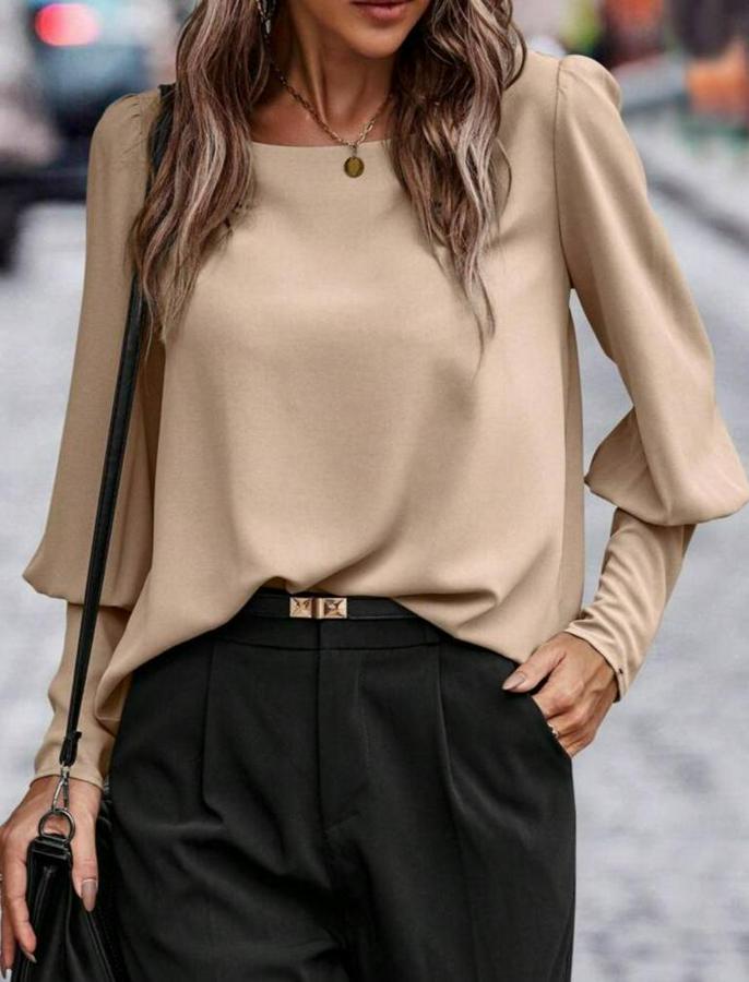 Uzun Kollu Yuvarlak Yakalı Düğmeli Ithal Krep Bluz