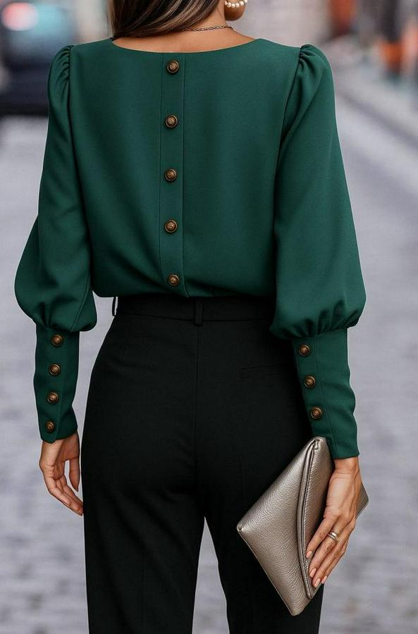 Uzun Kollu Yuvarlak Yakalı Düğmeli Ithal Krep Bluz