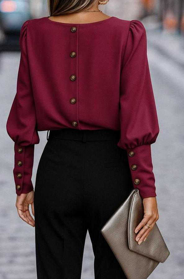 Uzun Kollu Yuvarlak Yakalı Düğmeli Ithal Krep Bluz