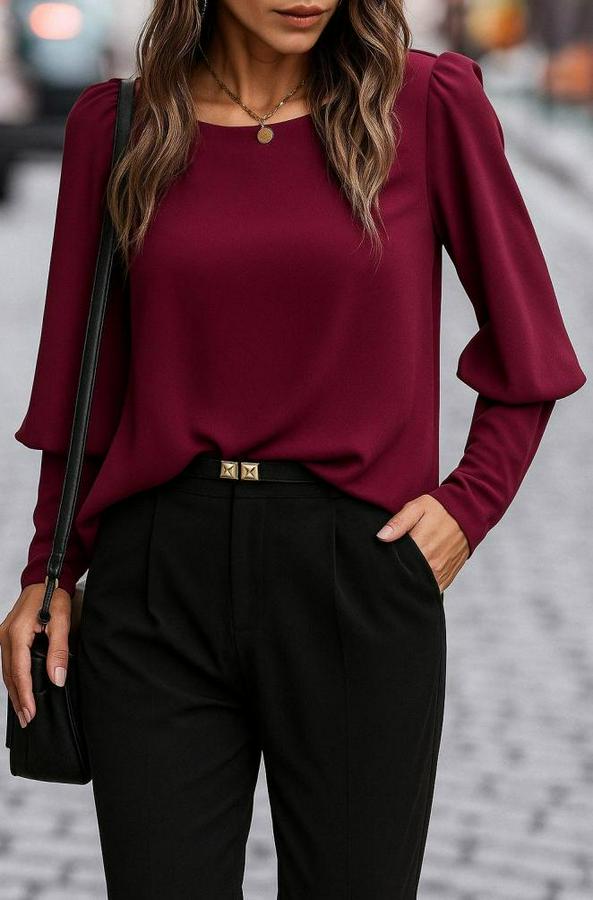 Uzun Kollu Yuvarlak Yakalı Düğmeli Ithal Krep Bluz