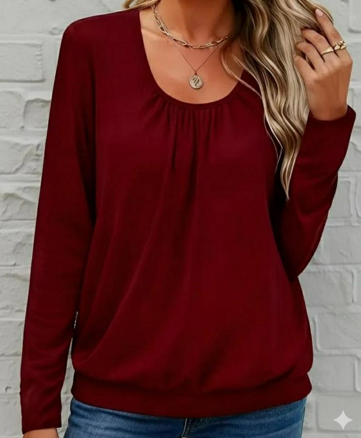 Uzun Kollu Yuvarlak Yakalı Viskon Bluz