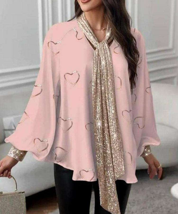 V Yaka Kalp Baskılı Fular Dahil Fırsat Ürün Salaş Bluz