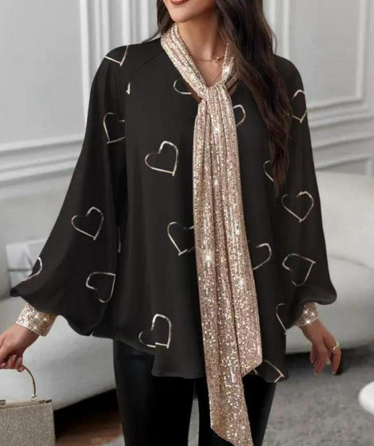 V Yaka Kalp Baskılı Fular Dahil Fırsat Ürün Salaş Bluz