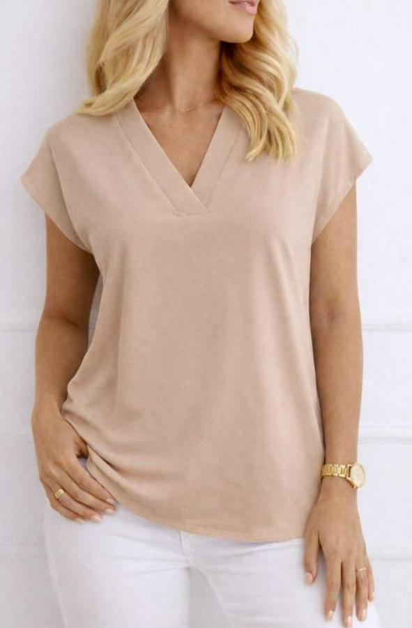 V Yaka Kısa Kol Dokuma Viskon Kumaş Bluz