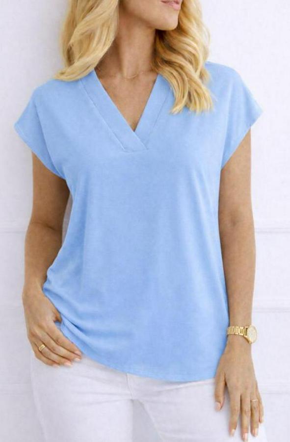 V Yaka Kısa Kol Dokuma Viskon Kumaş Bluz