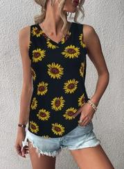 V Yaka Kolsuz Ayçiçeği Desen Krep Bluz