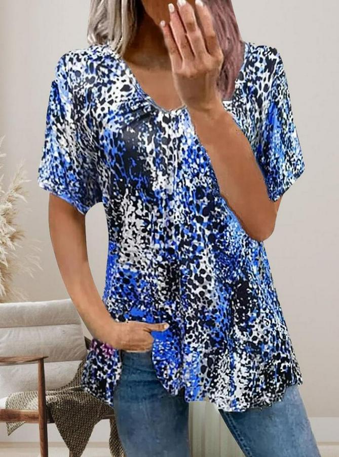 V Yaka Renkli Leopar Desen Büzgü Detay Süprem Bluz