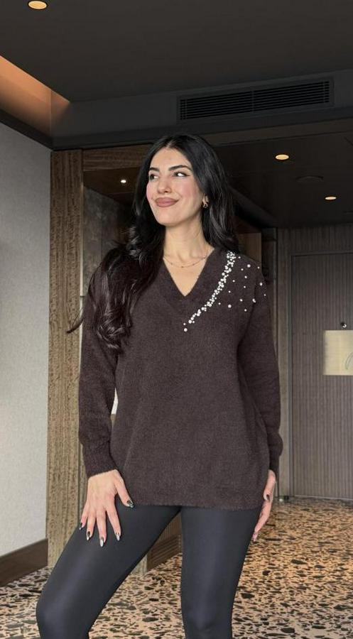 V Yaka Uzun Kollu Inci Detay Triko Bluz