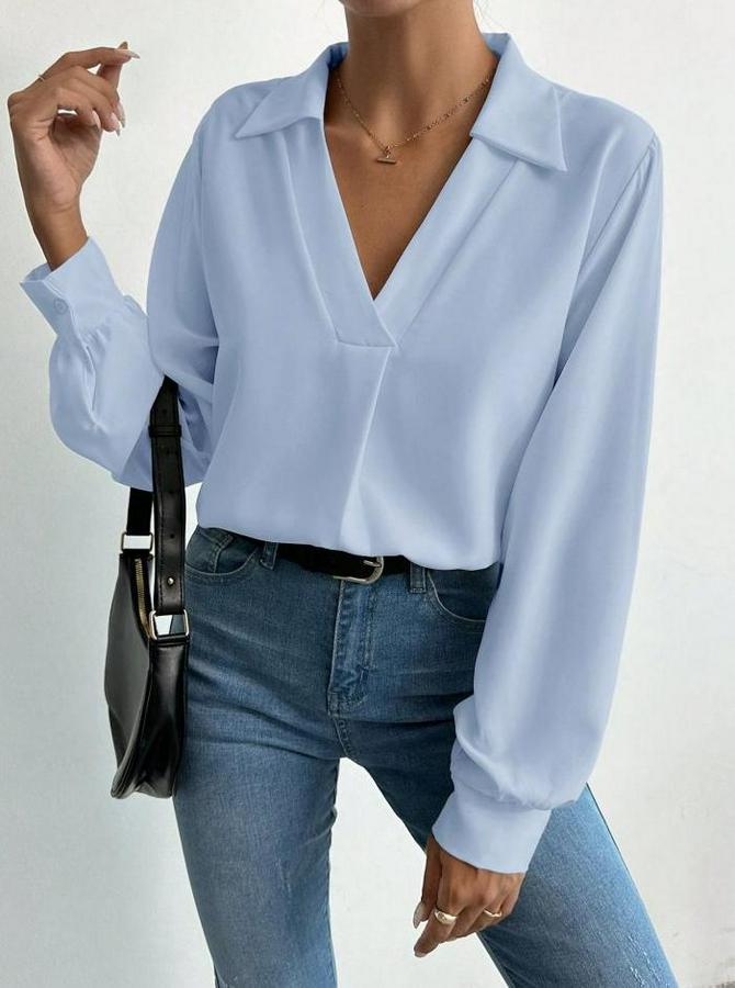 V Yaka Uzun Kollu Mosskrep Kumaş Bluz