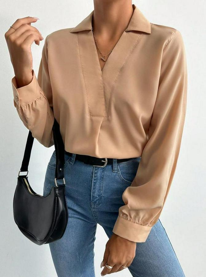 V Yaka Uzun Kollu Mosskrep Kumaş Bluz