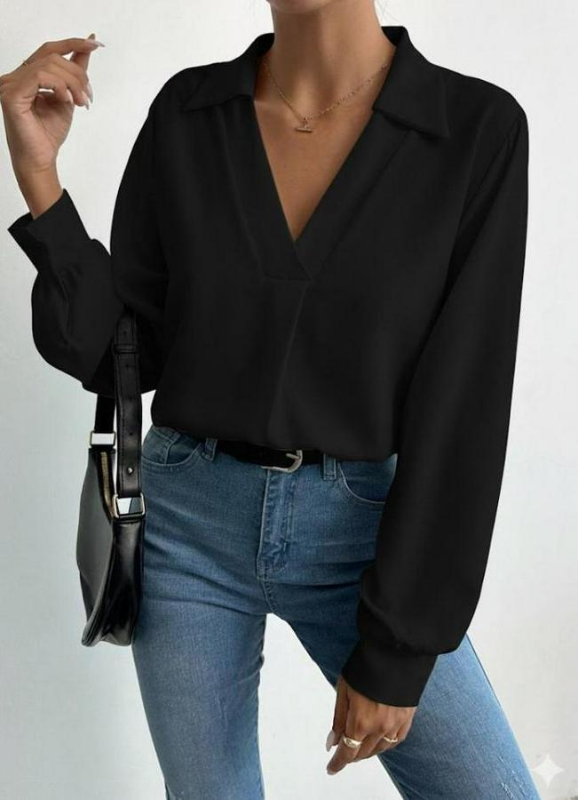 V Yaka Uzun Kollu Mosskrep Kumaş Bluz