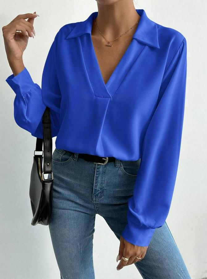 V Yaka Uzun Kollu Mosskrep Kumaş Bluz