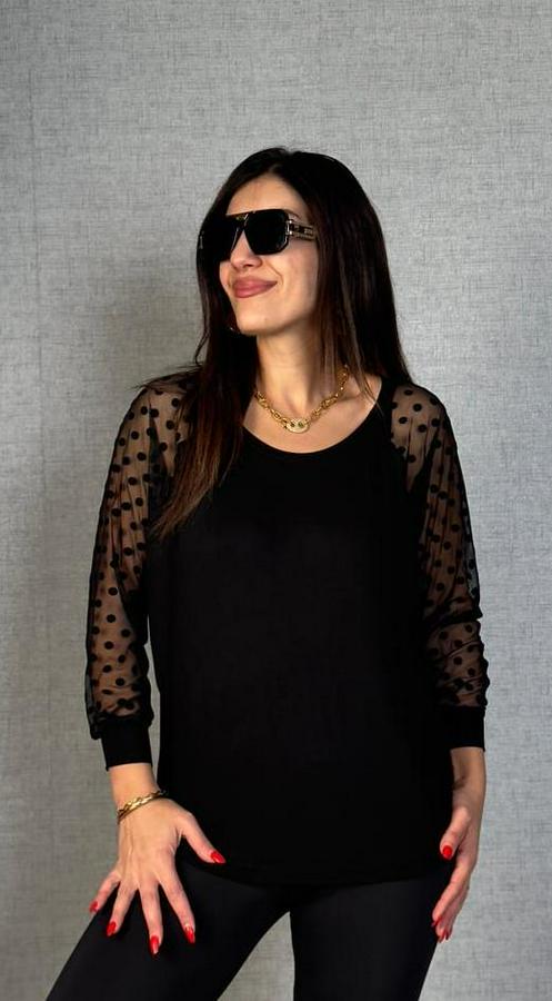 Yarasa Kol Puantiyeli Tül Detay Bluz