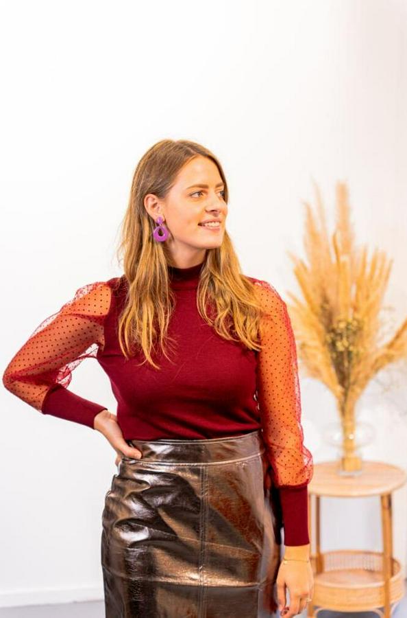 Kadınkolu Tül Detaylı Yarım Balıkçı Kaşkorse Bluz