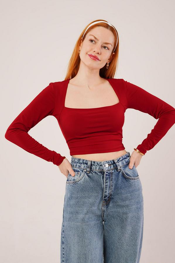 Kare Yaka Basic Bordo Bluz