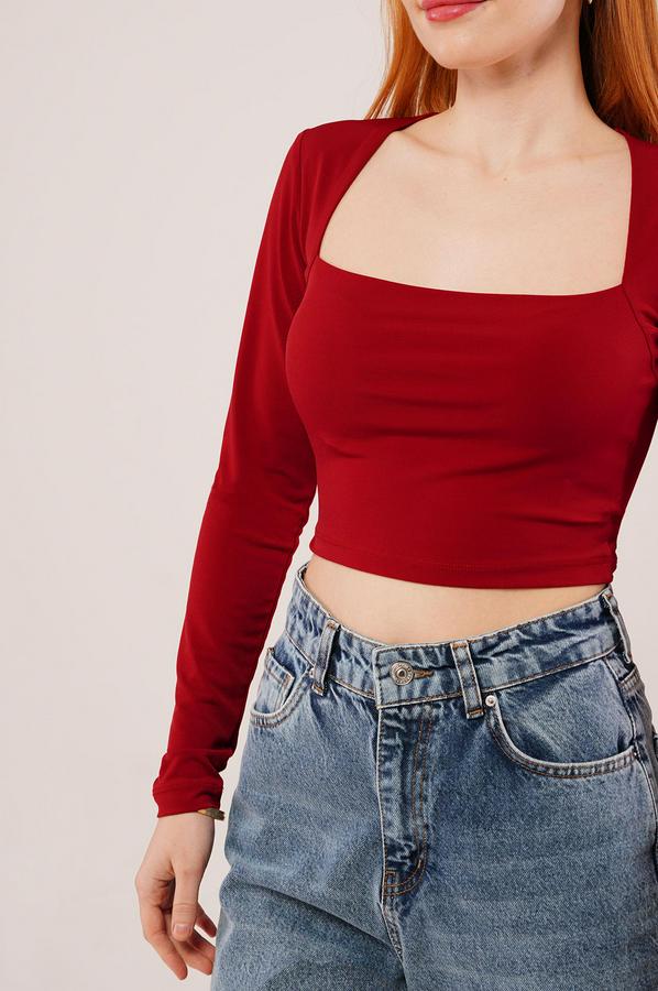 Kare Yaka Basic Bordo Bluz