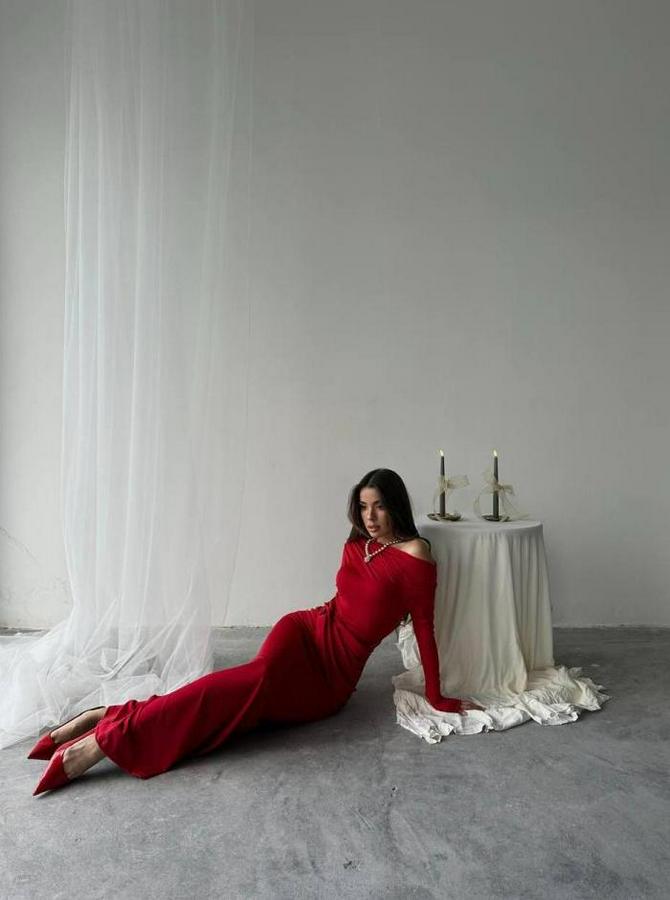 Kayık Yaka Uzun Kurdele Elbise